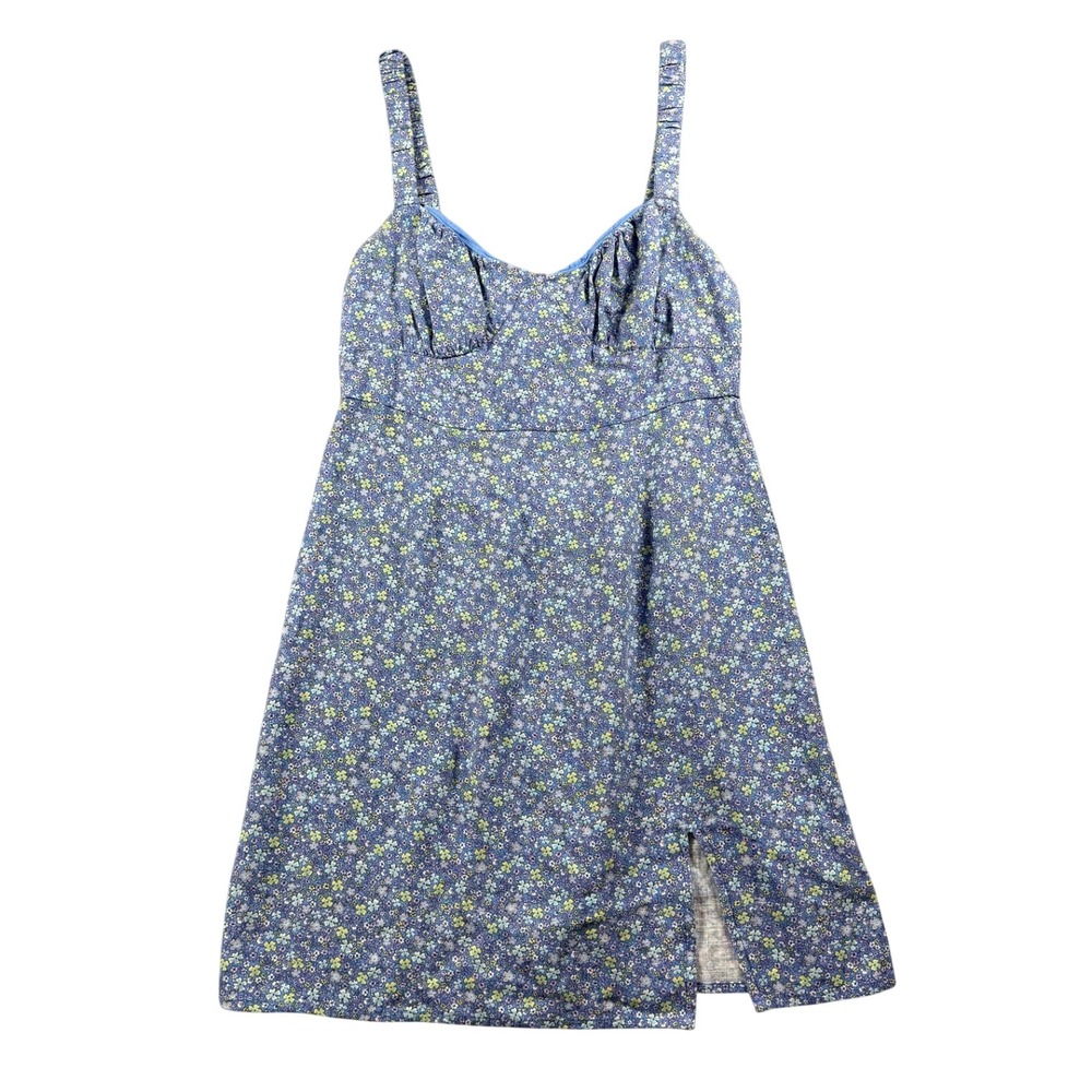 Aeropostale Womens Blue Floral Linen Blend Mini Dress Smocked Straps Size M